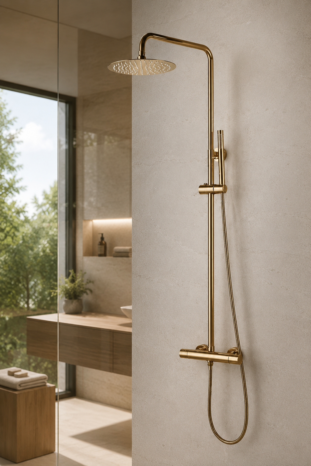 Colonne de douche thermostatique or brossé col cintré support coulissant