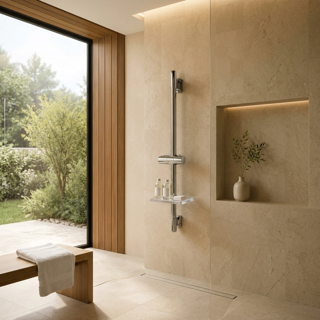 Barre de douche coulissante chrome à tablette rectangulaire