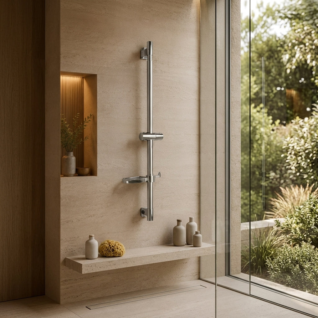 Barre de douche coulissante chrome à tablette ronde