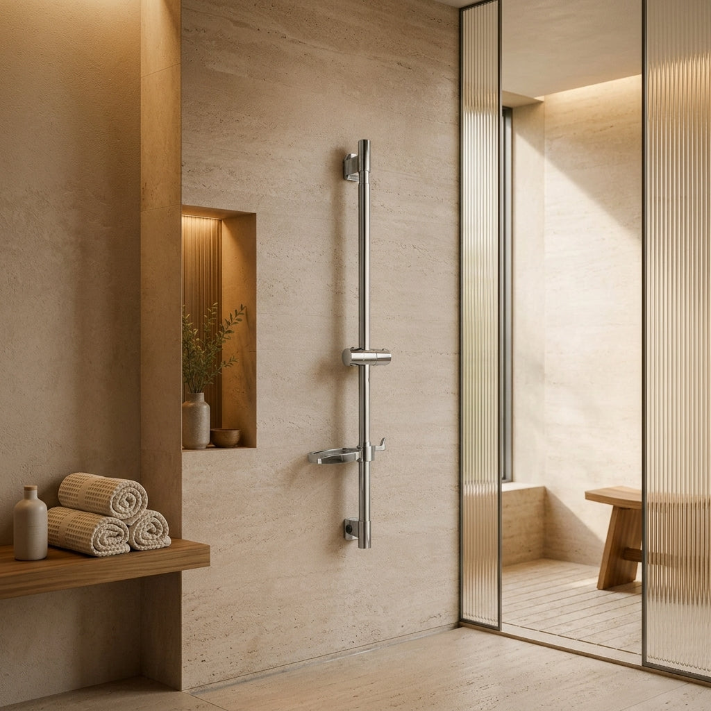 Barre de douche coulissante chrome à tablette ronde – vue 2