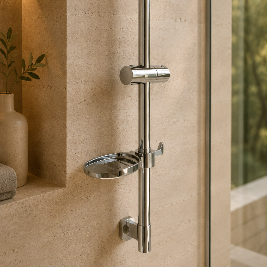 Barre de douche coulissante chrome à tablette ronde – vue 3