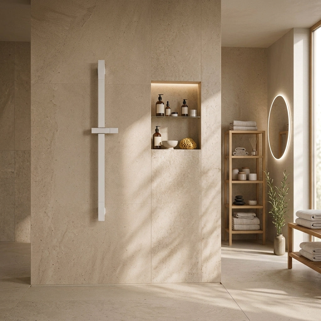 Barre de douche coulissante réglable blanche – mise en situation en salle de bain