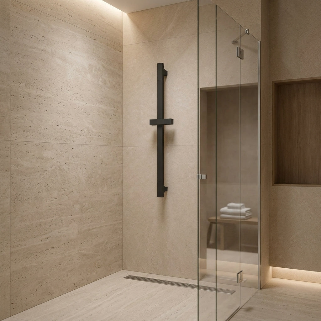 Barre de douche coulissante réglable grise – mise en situation en salle de bain