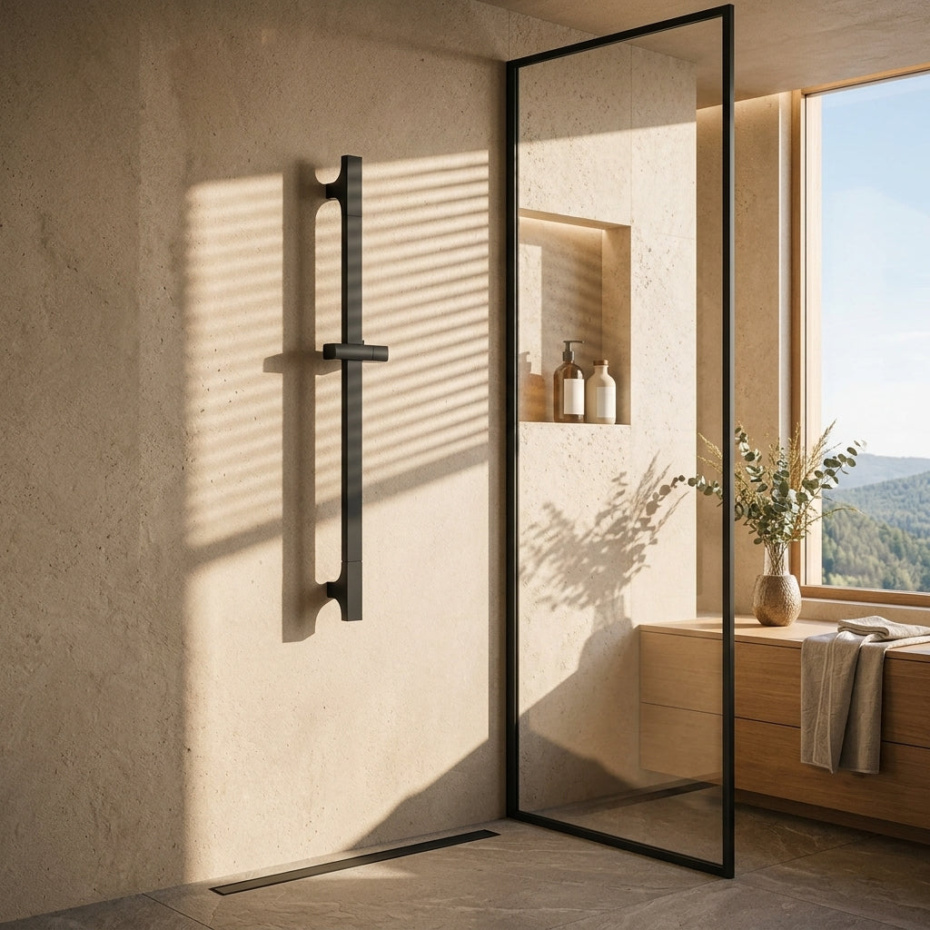 Barre de douche coulissante réglable noire – mise en situation en salle de bain