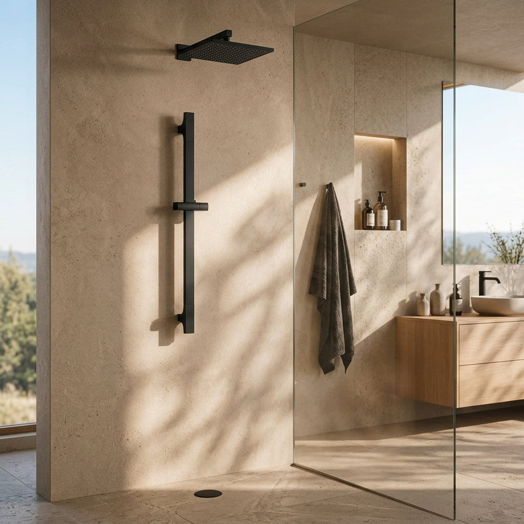 Barre de douche coulissante réglable noire – mise en situation en salle de bain