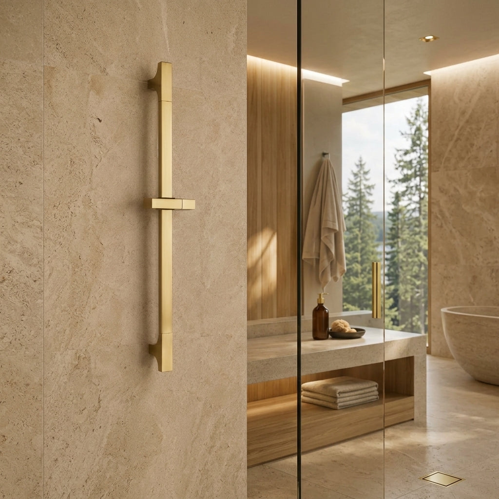 Barre de douche coulissante réglable or brossé – mise en situation en salle de bain