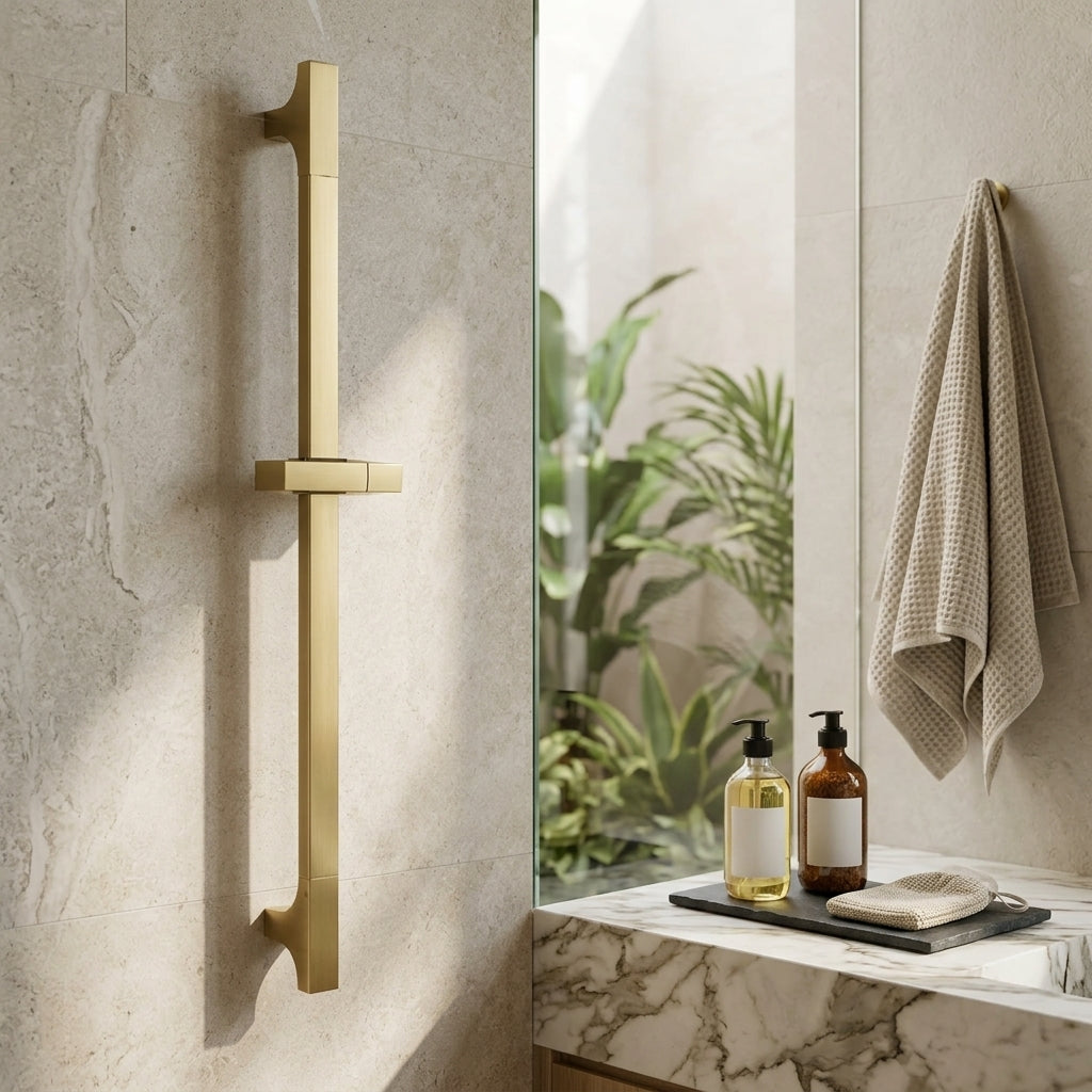 Barre de douche coulissante réglable or brossé – mise en situation en salle de bain