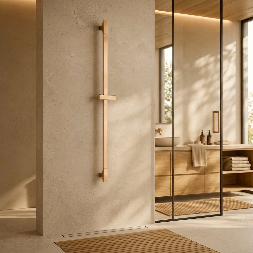 Barre de douche coulissante réglable or rosé – mise en situation en salle de bain