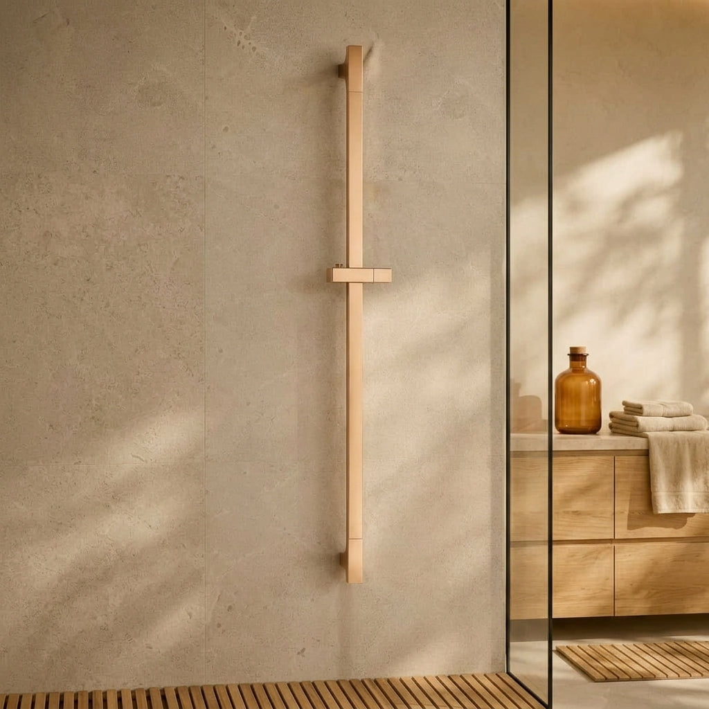 Barre de douche coulissante réglable or rosé – mise en situation en salle de bain