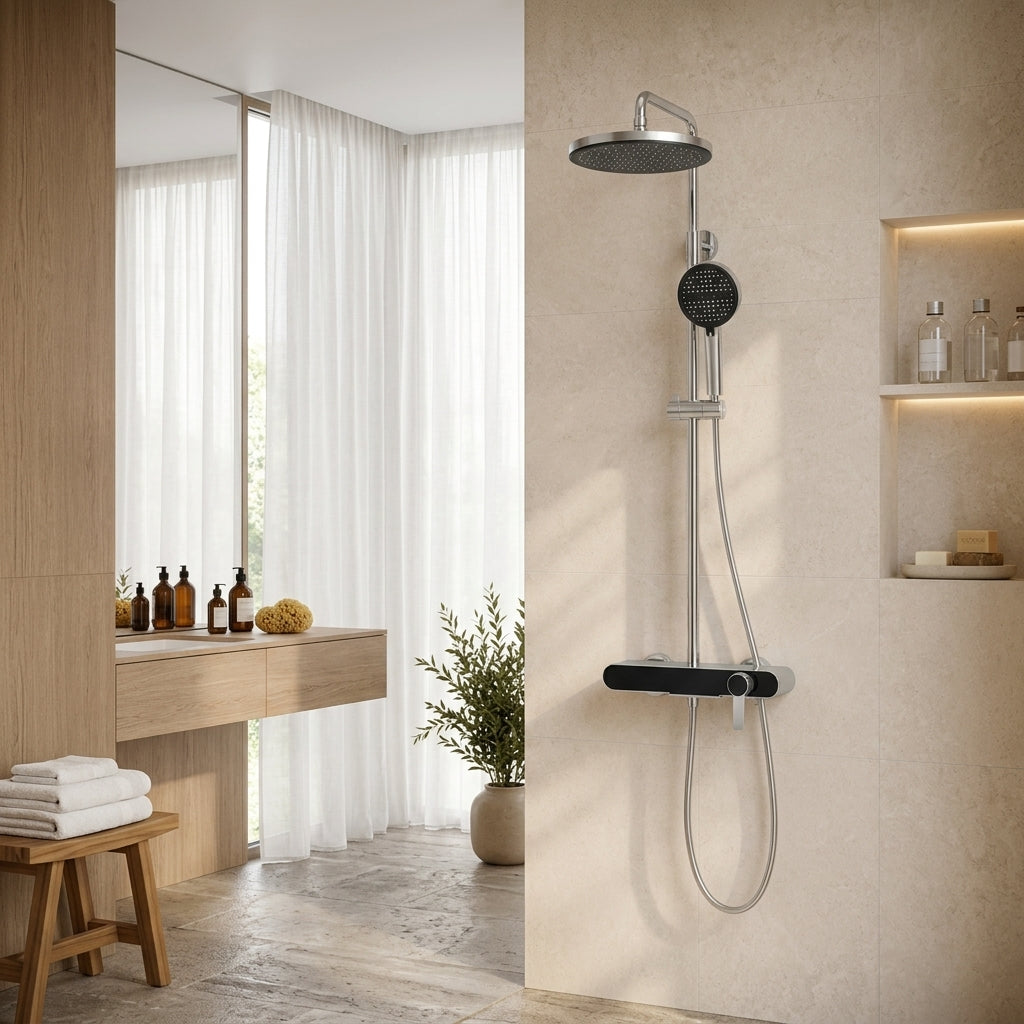 Colonne de douche à mitigeur chromée – mise en situation en salle de bain