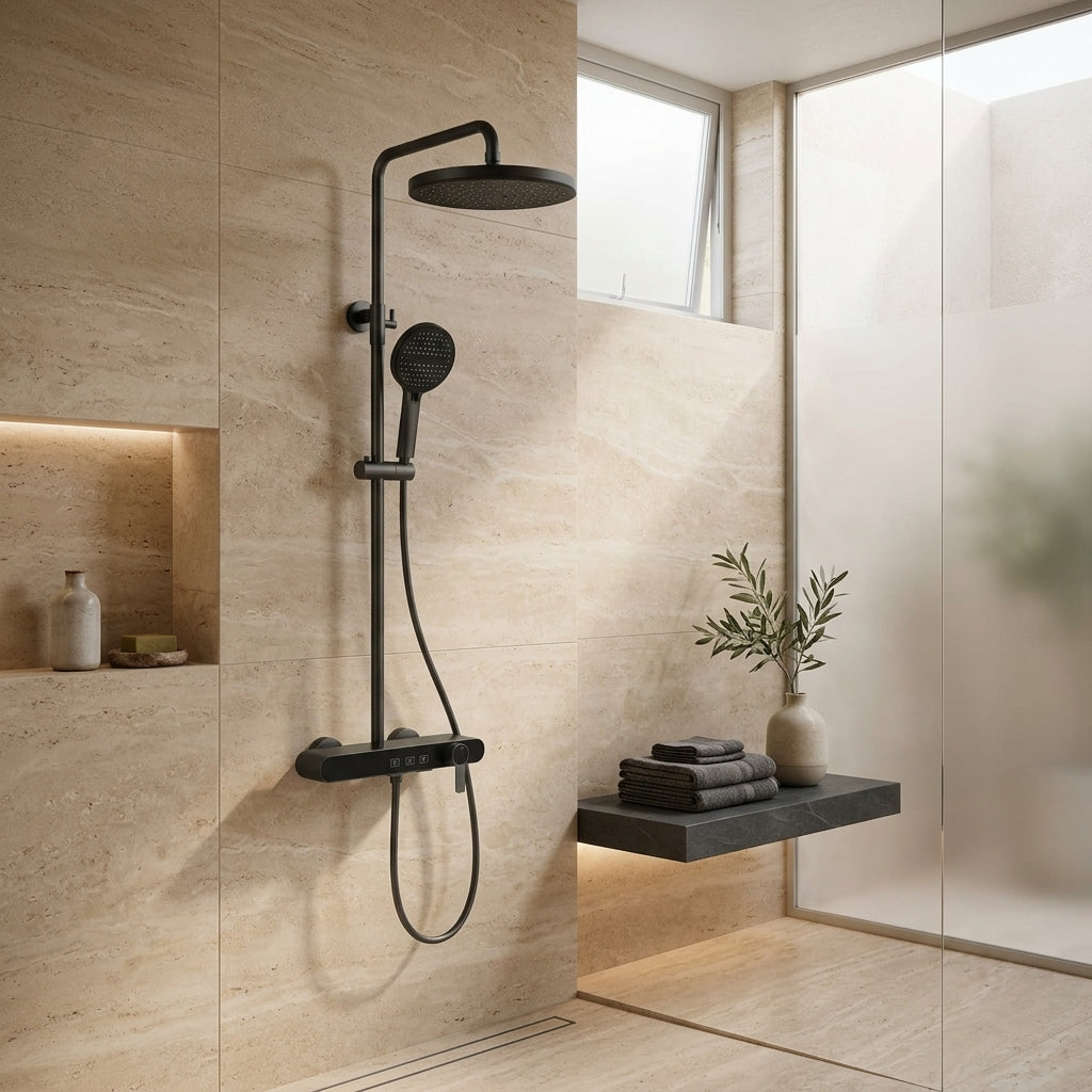 Colonne de douche à mitigeur grise – mise en situation en salle de bain