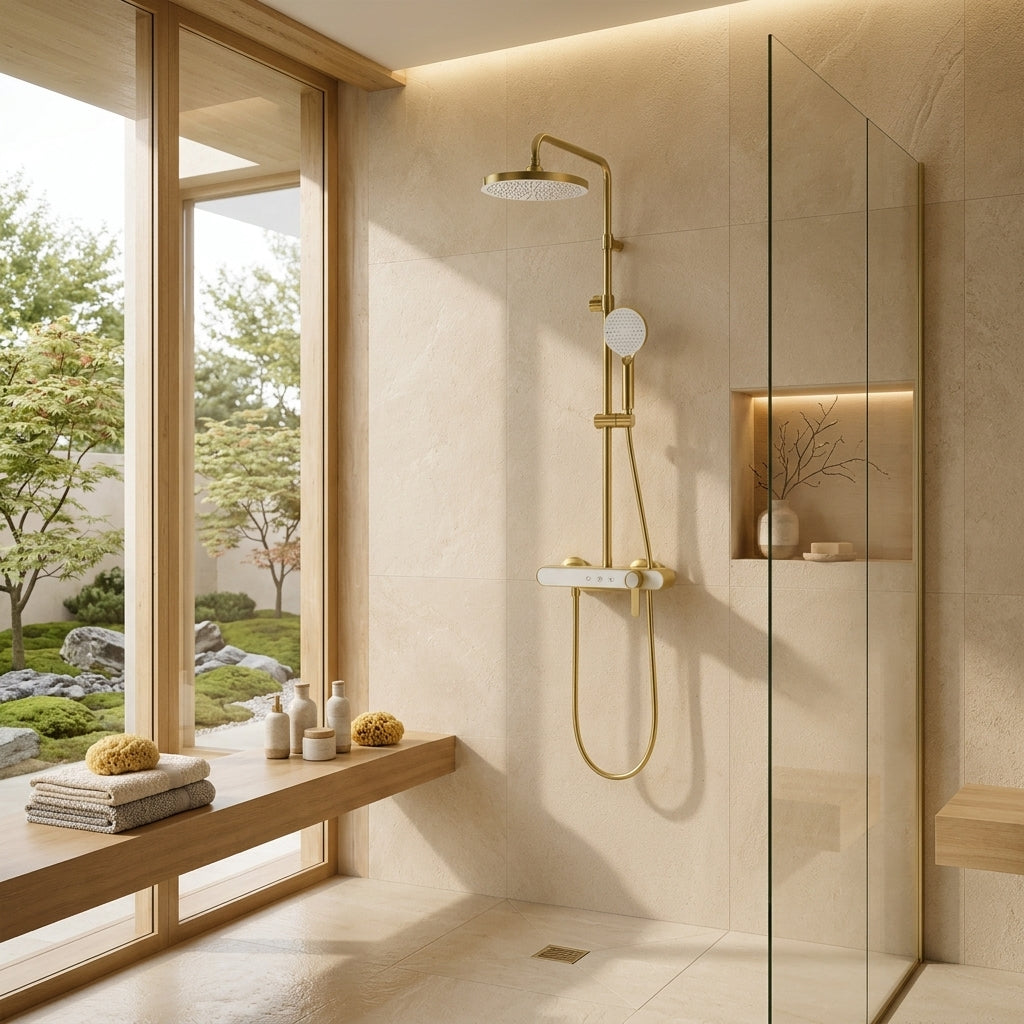 Colonne de douche à mitigeur or brossé – mise en situation en salle de bain
