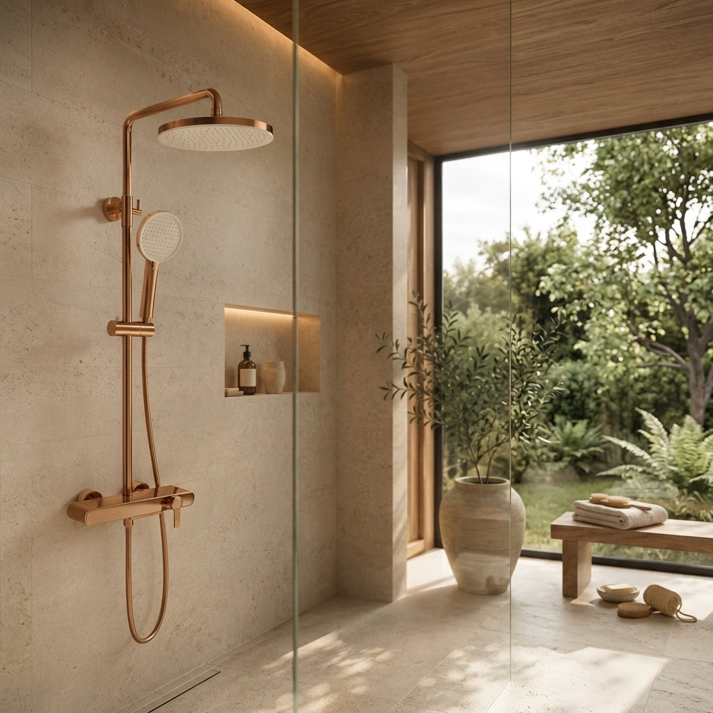 Colonne de douche à mitigeur or rose – mise en situation en salle de bain