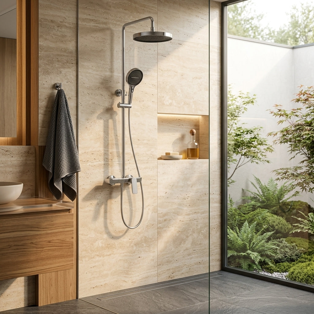 Colonne de douche à tablette chromée – mise en situation en salle de bain
