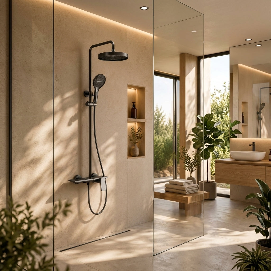 Colonne de douche à tablette grise – mise en situation en salle de bain