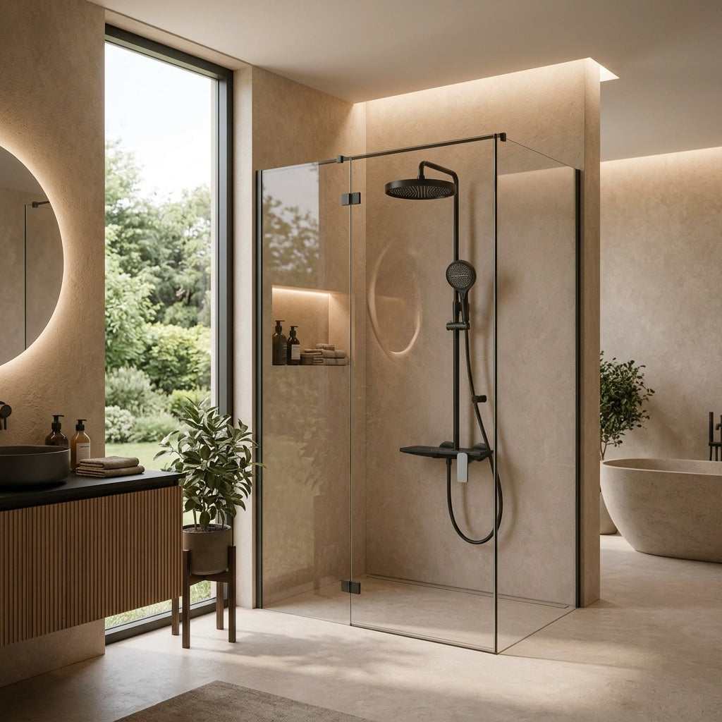 Colonne de douche à tablette noire – mise en situation en salle de bain
