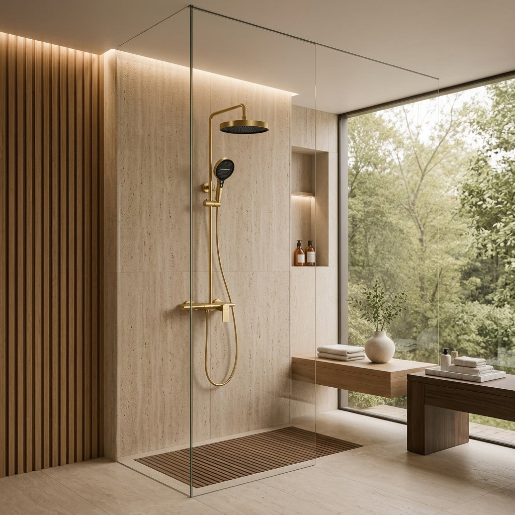 Colonne de douche à tablette or brossé – mise en situation en salle de bain