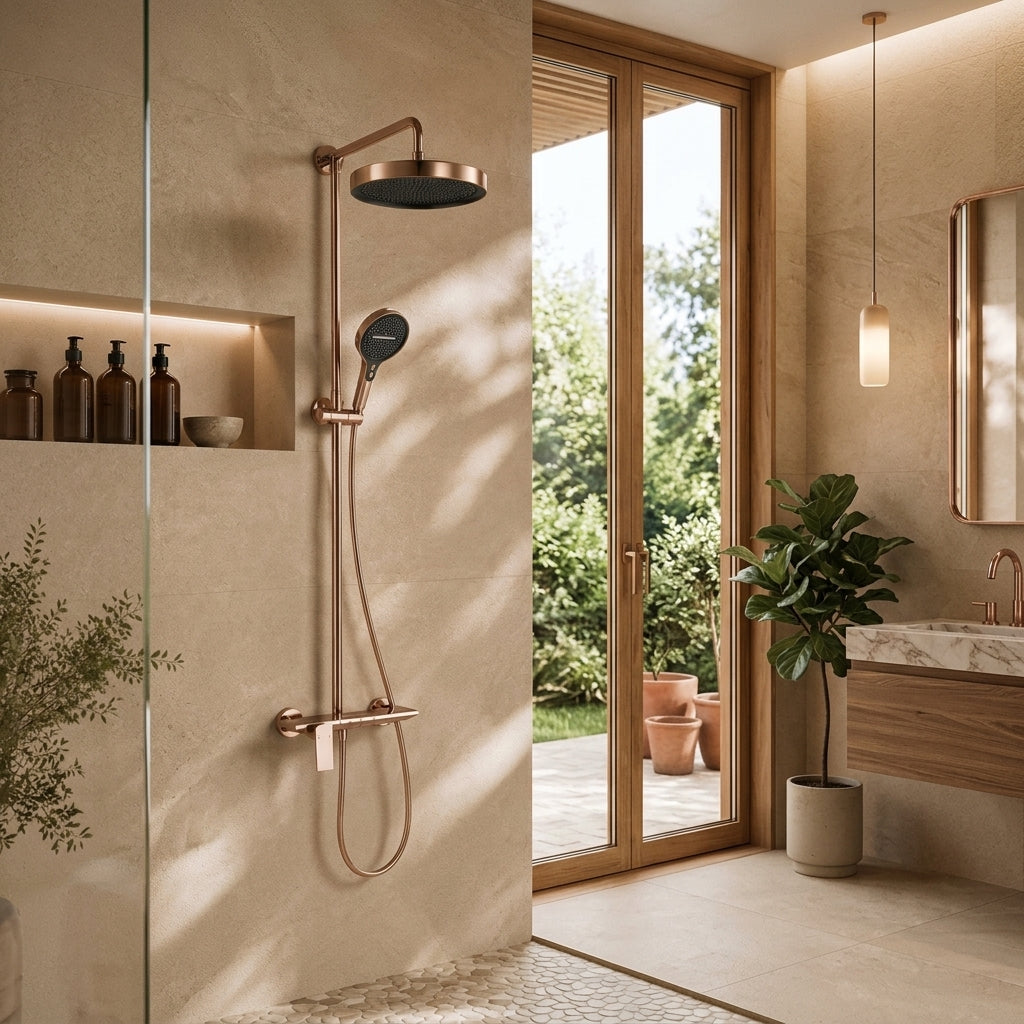 Colonne de douche à tablette or rose – mise en situation en salle de bain