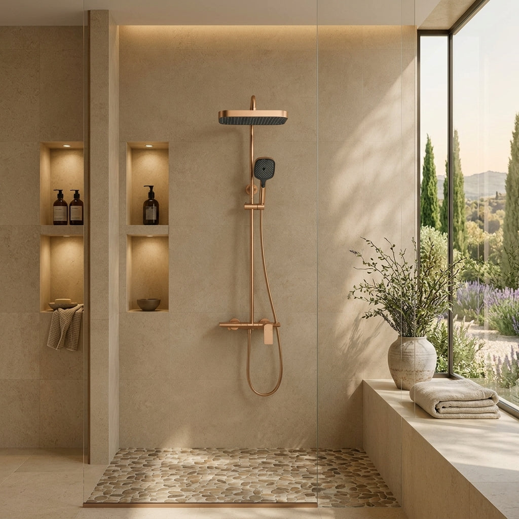 Colonne de douche à tablette or rose brossé