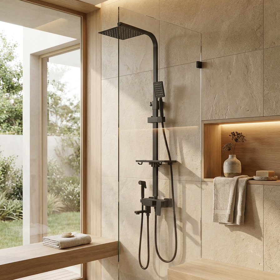 Colonne de douche avec mitigeur et douchette hygiénique noir mat 25 cm