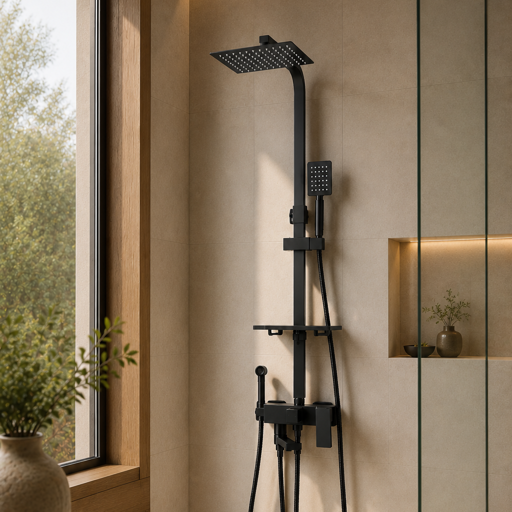 Colonne de douche avec mitigeur et douchette hygiénique noir mat 25 cm – douchette