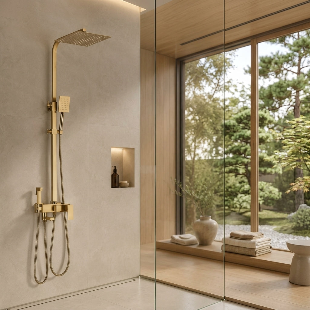 Colonne de douche avec mitigeur or brossé