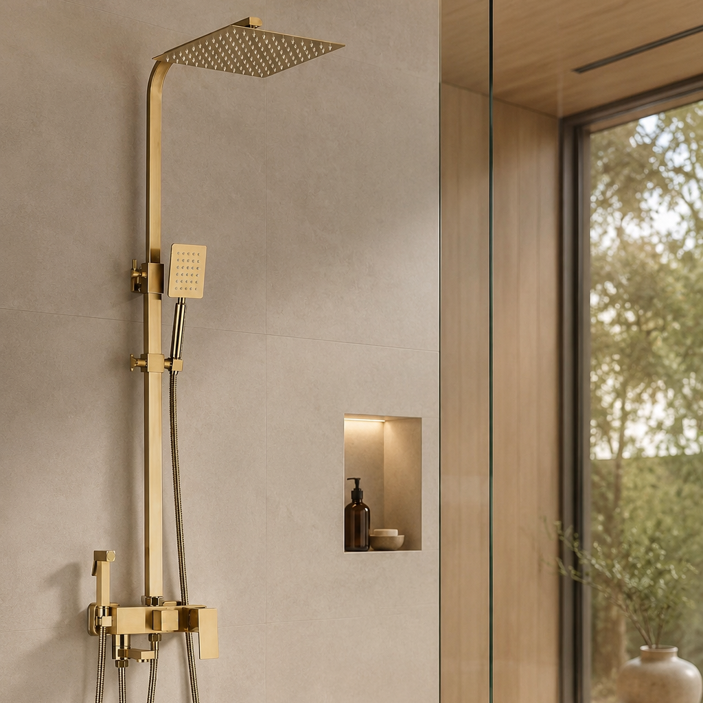 Colonne de douche avec mitigeur or brossé – mitigeur
