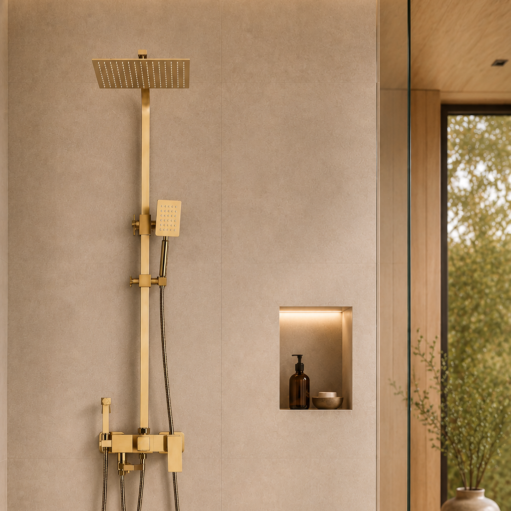 Colonne de douche avec mitigeur or brossé – mitigeur