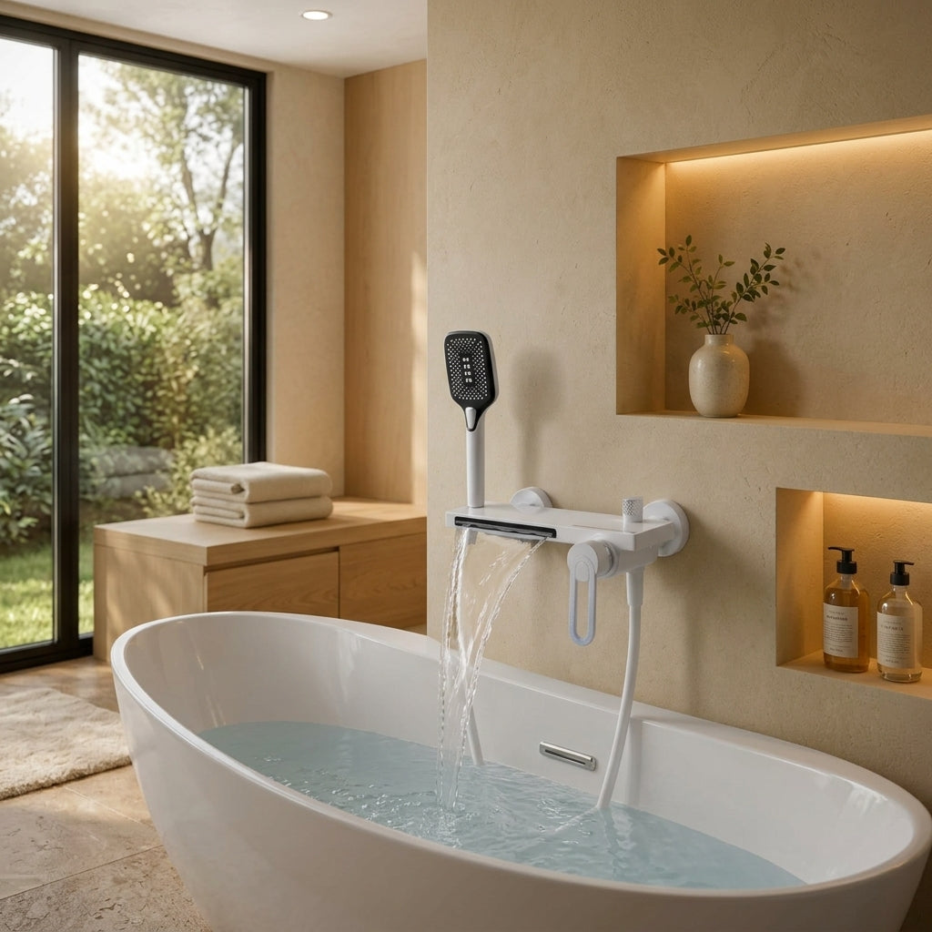 Colonne de douche baignoire blanche – mise en situation en salle de bain