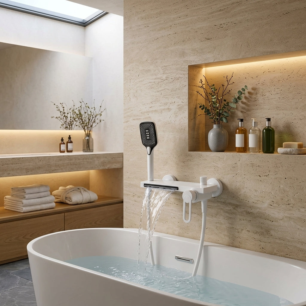 Colonne de douche baignoire blanche – mise en situation en salle de bain