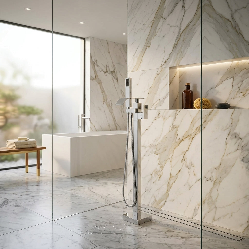 Colonne de douche baignoire chromée – mise en situation en salle de bain