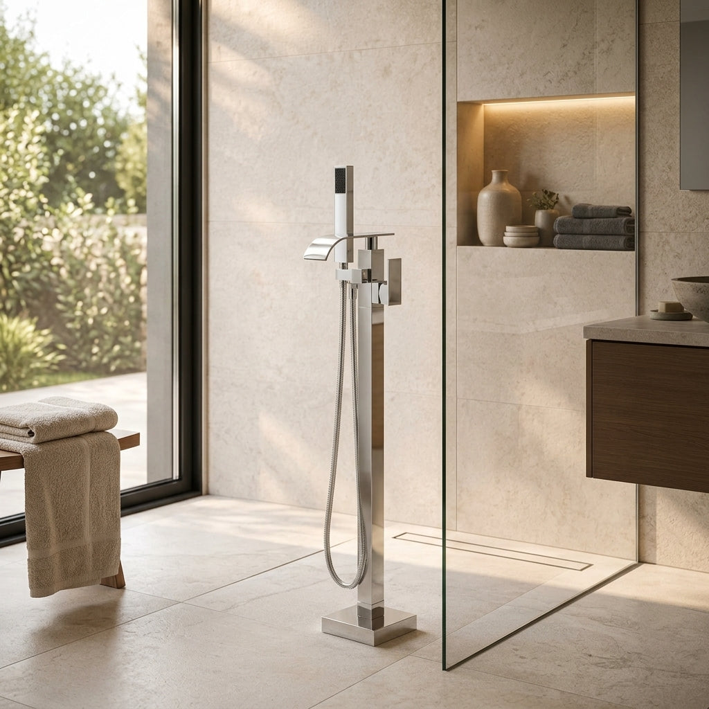 Colonne de douche baignoire chromée – mise en situation en salle de bain