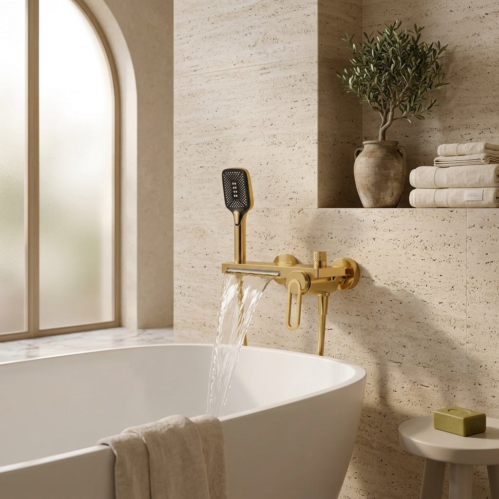 Colonne de douche baignoire dorée – mise en situation en salle de bain