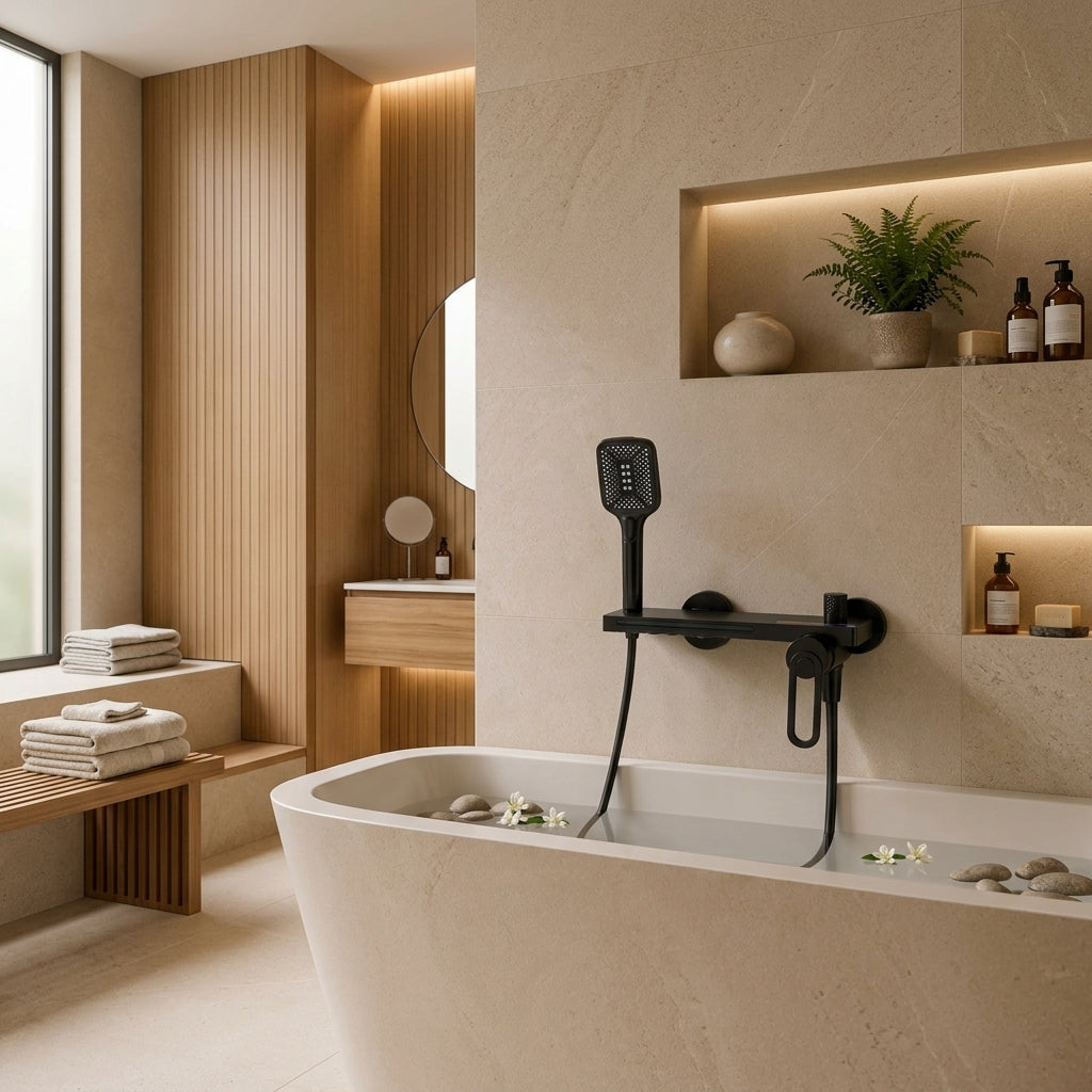 Colonne de douche baignoire grise – mise en situation en salle de bain