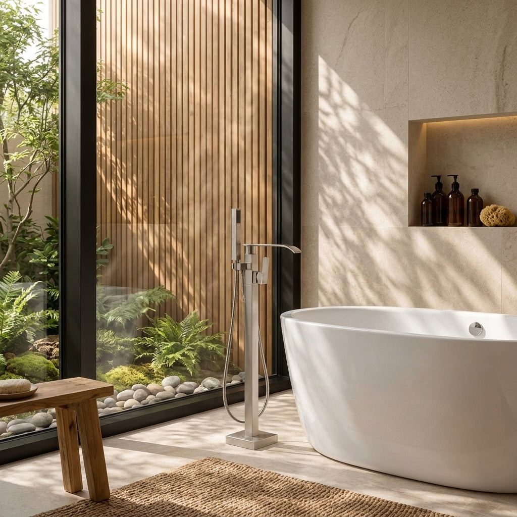 Colonne de douche baignoire nickel brossé – mise en situation en salle de bain