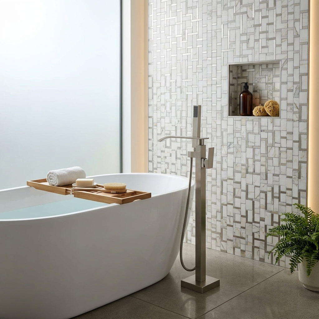 Colonne de douche baignoire nickel brossé – mise en situation en salle de bain