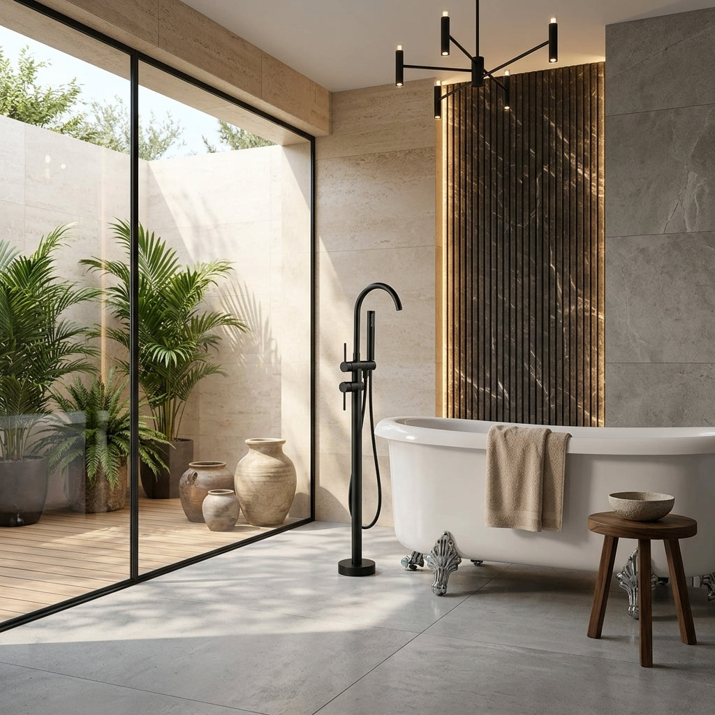Colonne de douche baignoire noire – mise en situation en salle de bain