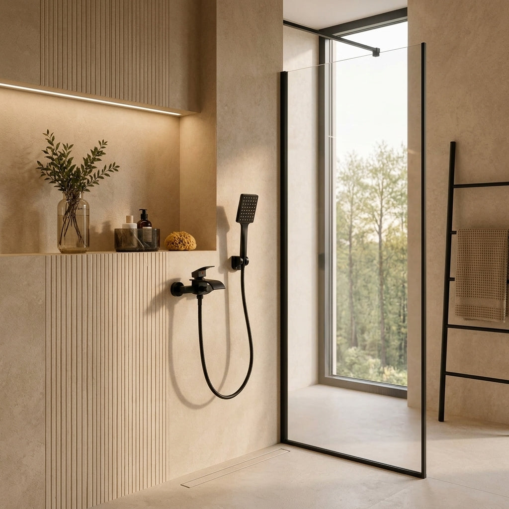 Colonne de douche baignoire noire arrondie – mise en situation en salle de bain