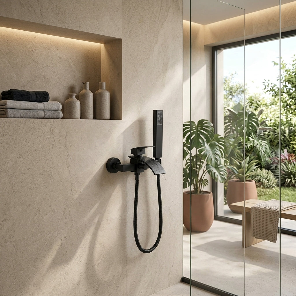 Colonne de douche baignoire noire carrée – mise en situation en salle de bain