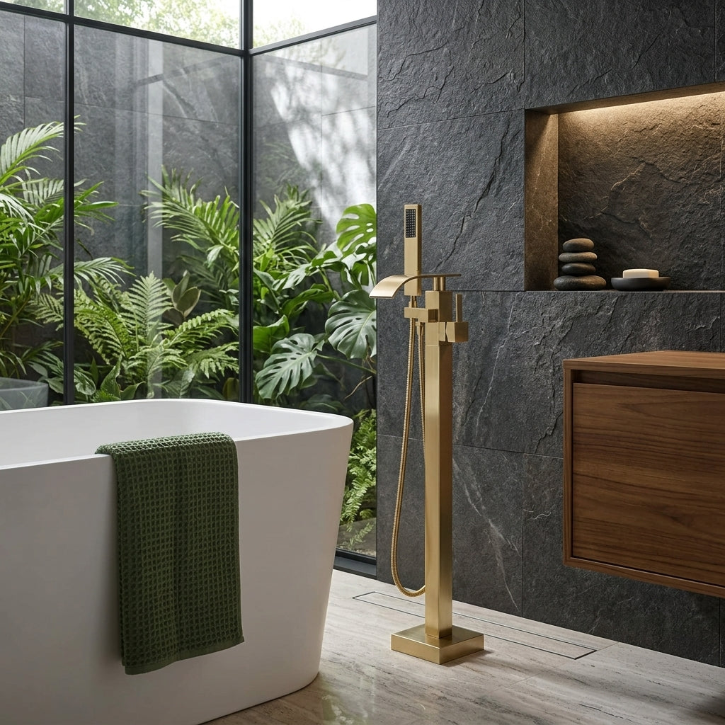 Colonne de douche baignoire or brillant – mise en situation en salle de bain