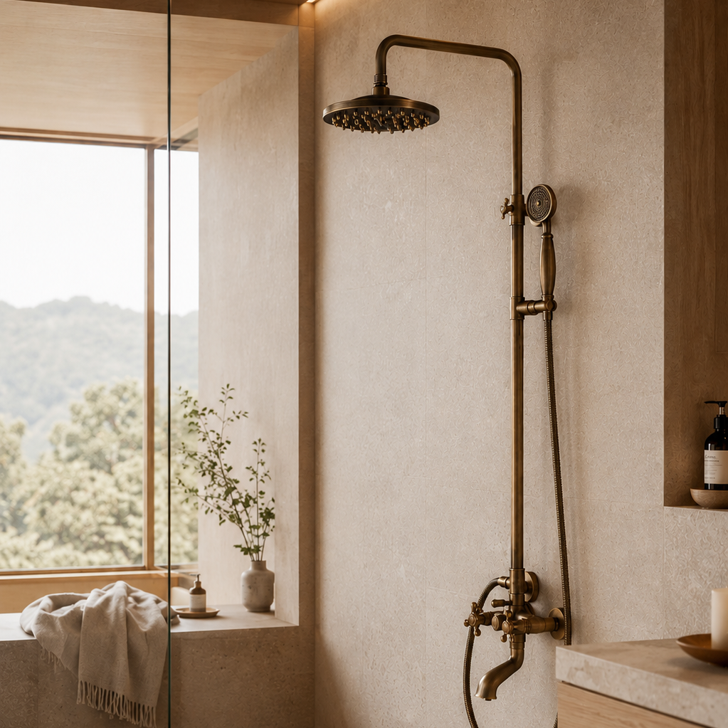 Colonne de douche-baignoire rétro en laiton à pommeau rond – ciel de pluie