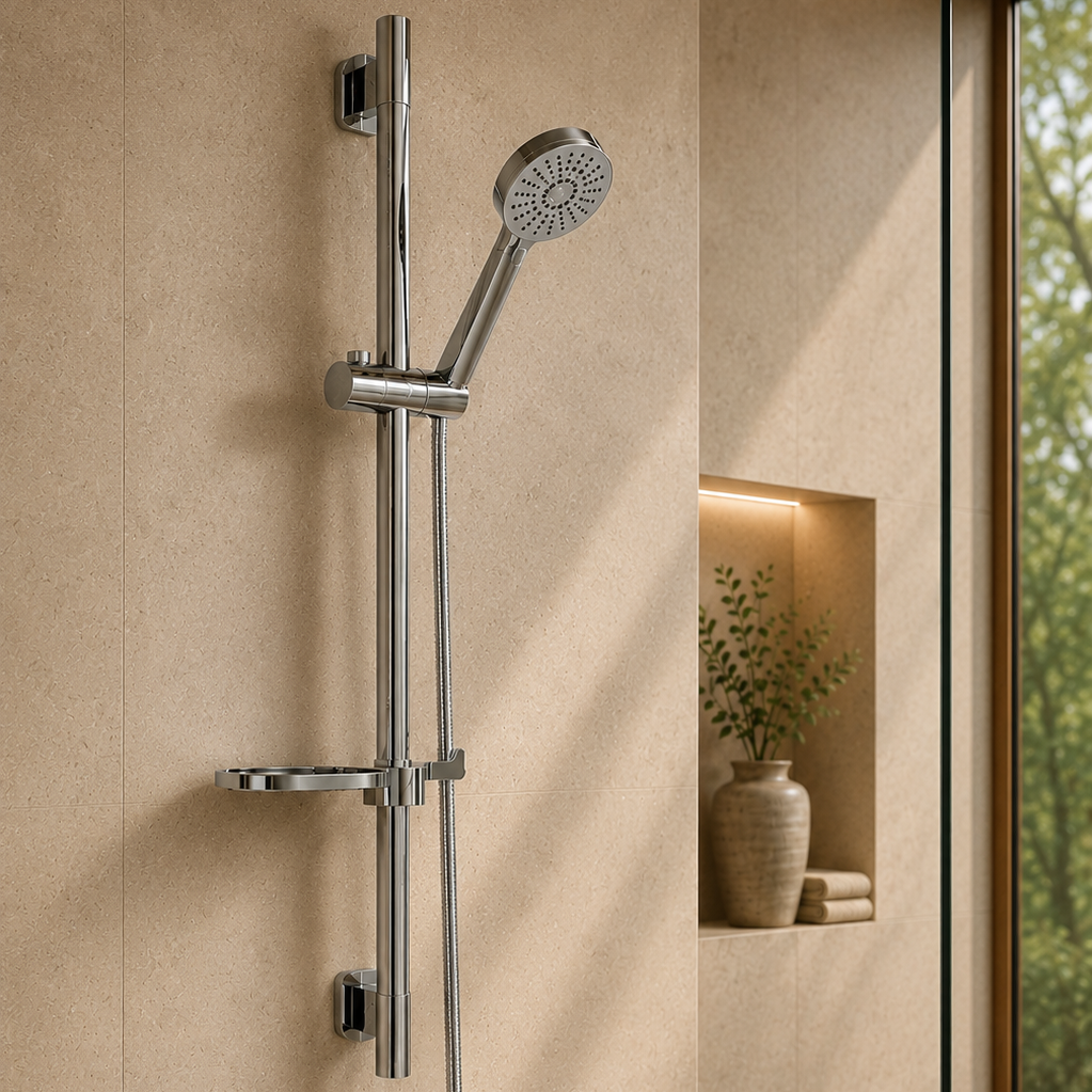 Colonne de douche coulissante chrome à tablette ronde – vue 3