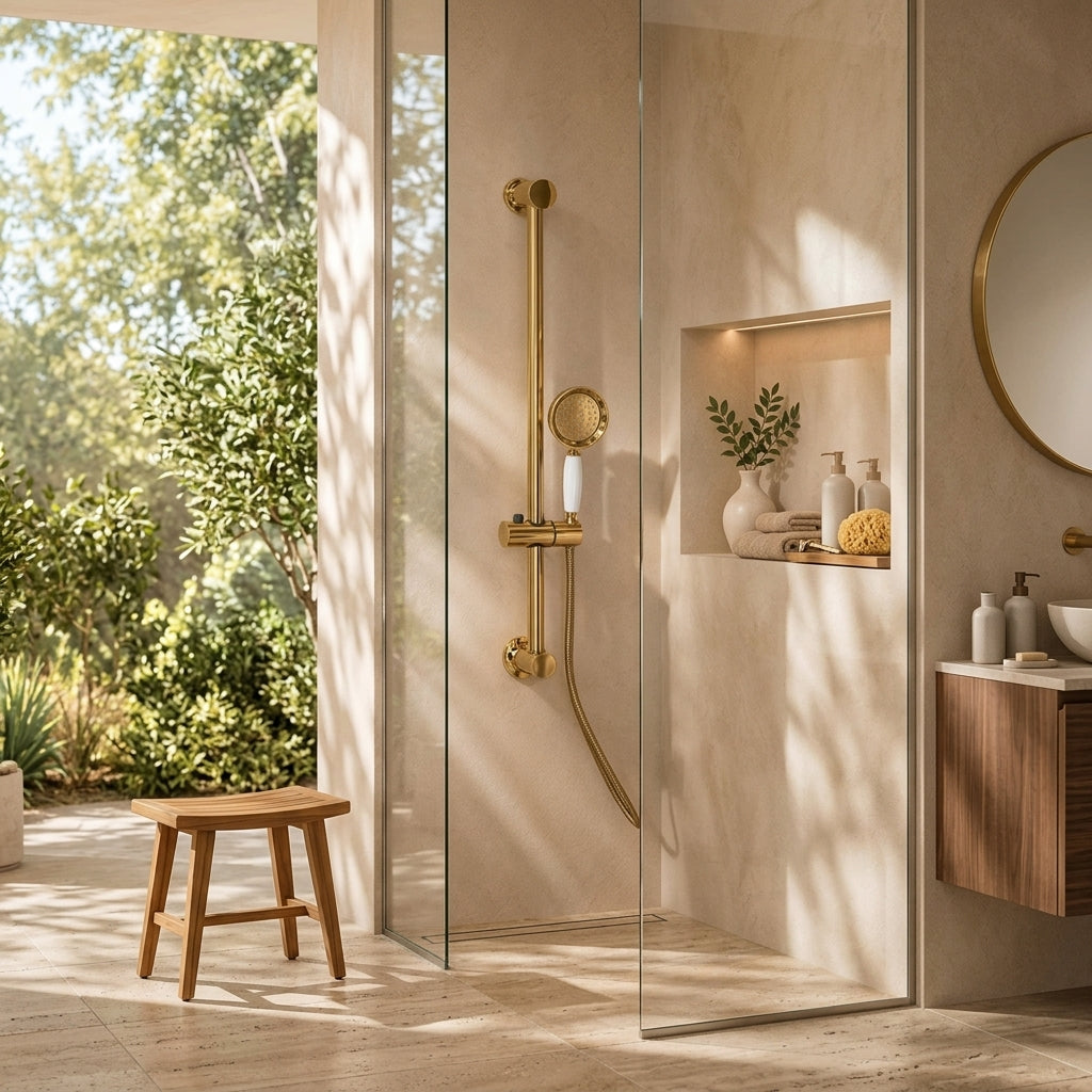 Colonne de douche dorée rétro – mise en situation en salle de bain