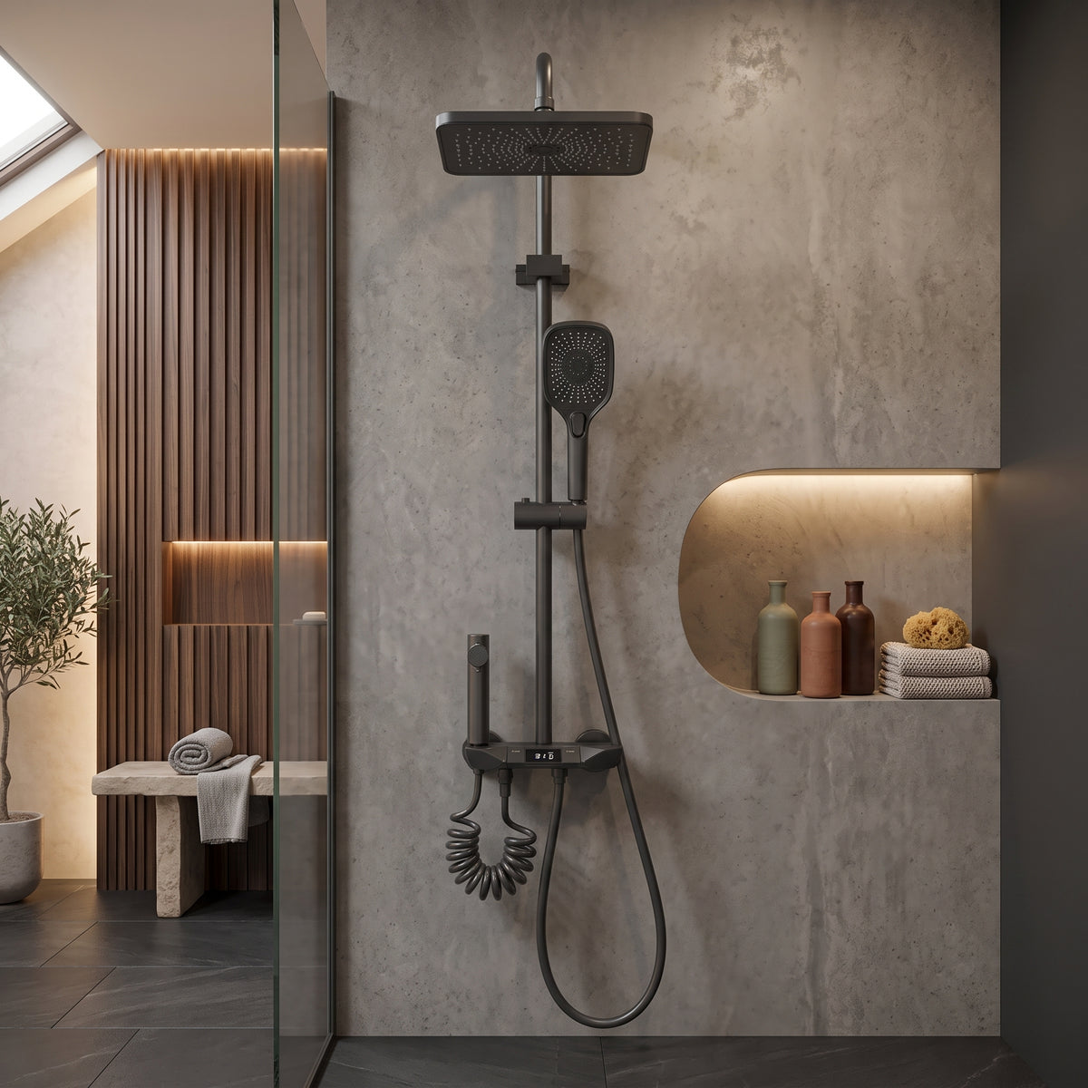 Colonne de douche grise 4 fonctions – mise en situation en salle de bain