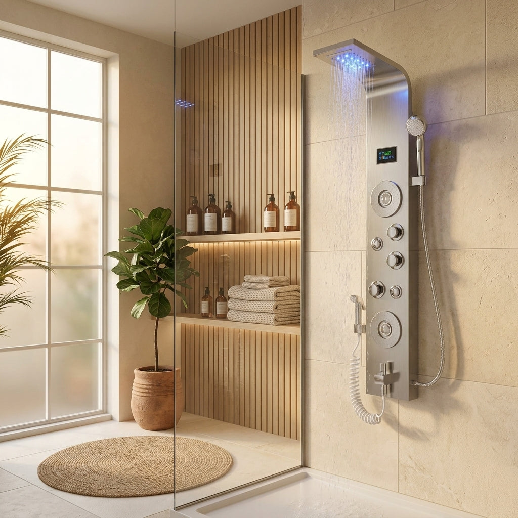 Colonne de douche hydromassante inox brossé – mise en situation en salle de bain