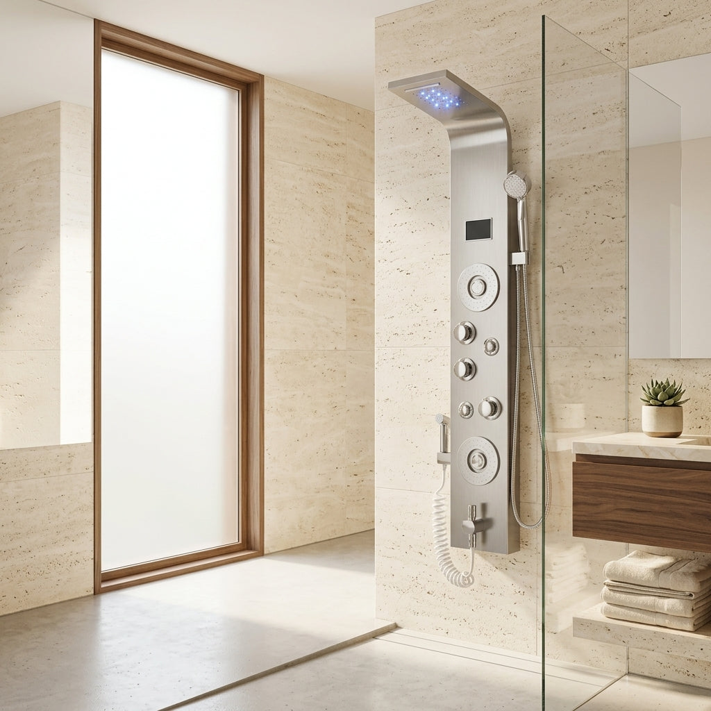 Colonne de douche hydromassante inox brossé – mise en situation en salle de bain