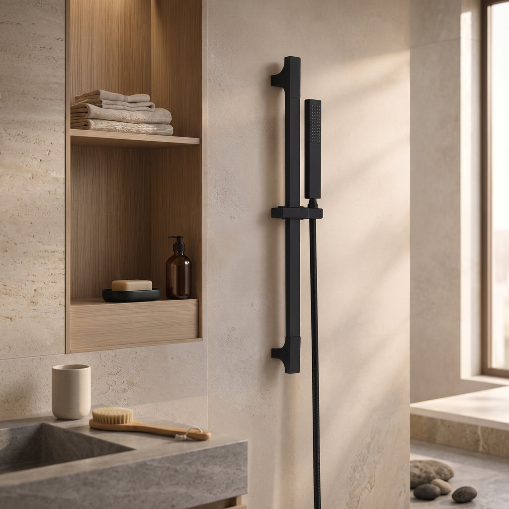 Colonne de douche inox noire – mise en situation en salle de bain