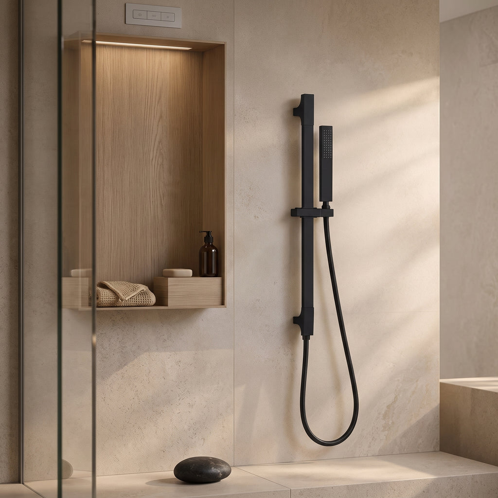 Colonne de douche inox noire – mise en situation en salle de bain