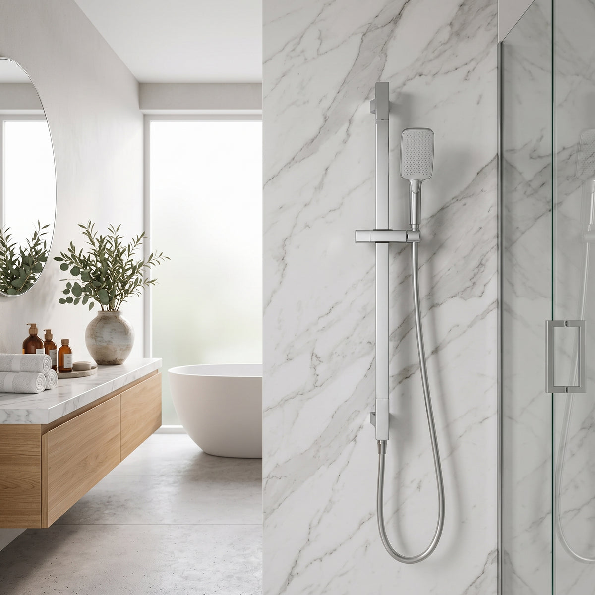 Colonne de douche réglable chrome – mise en situation en salle de bain