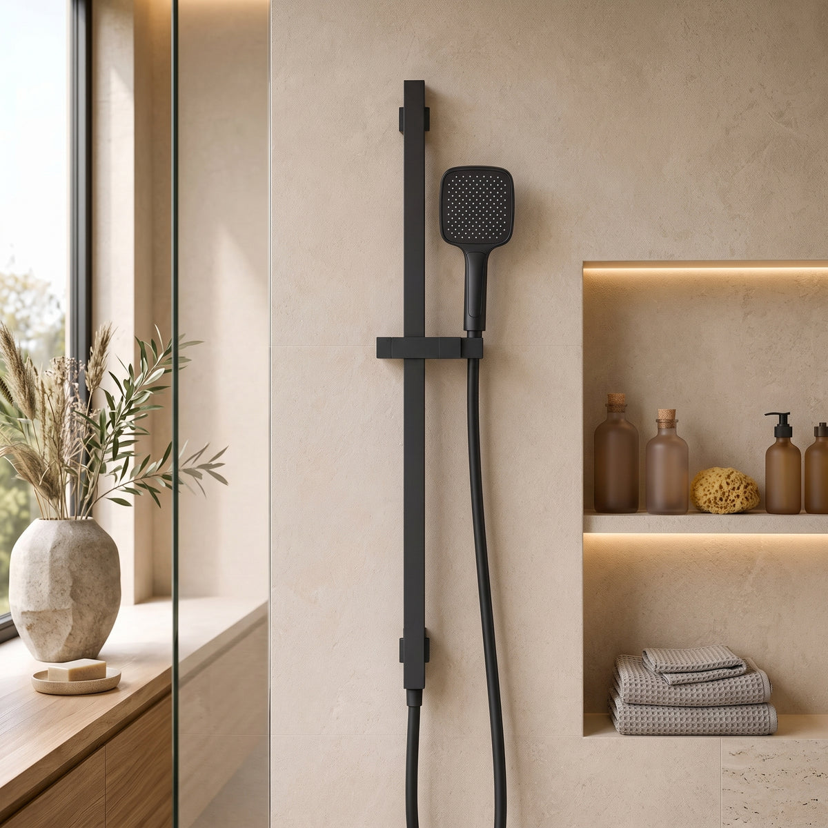 Colonne de douche réglable noire – mise en situation en salle de bain